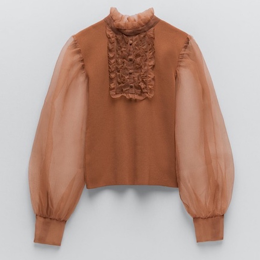 Zara Organza Ruffle Puffer Sleeve Top Shirt